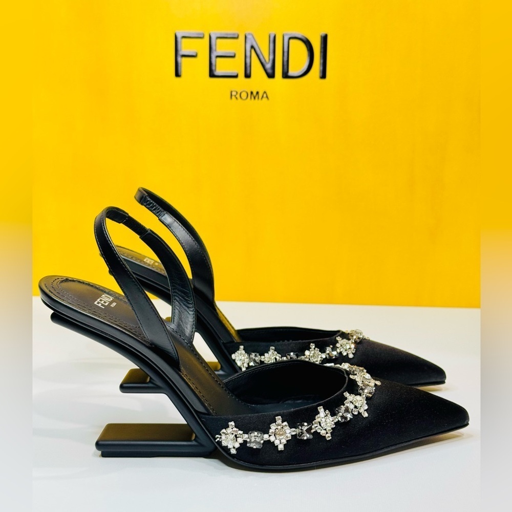 Fendi First Slingback Heels Black Satin With Nero Crystal Size 37.5 Retail$1790 - Picture 7 of 16